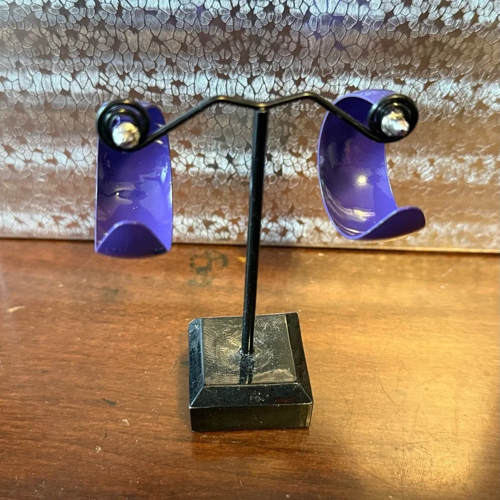 Vintage Purple Enamel Hoop Earrings, Purple Pierced Earrings, Oversized Earrings